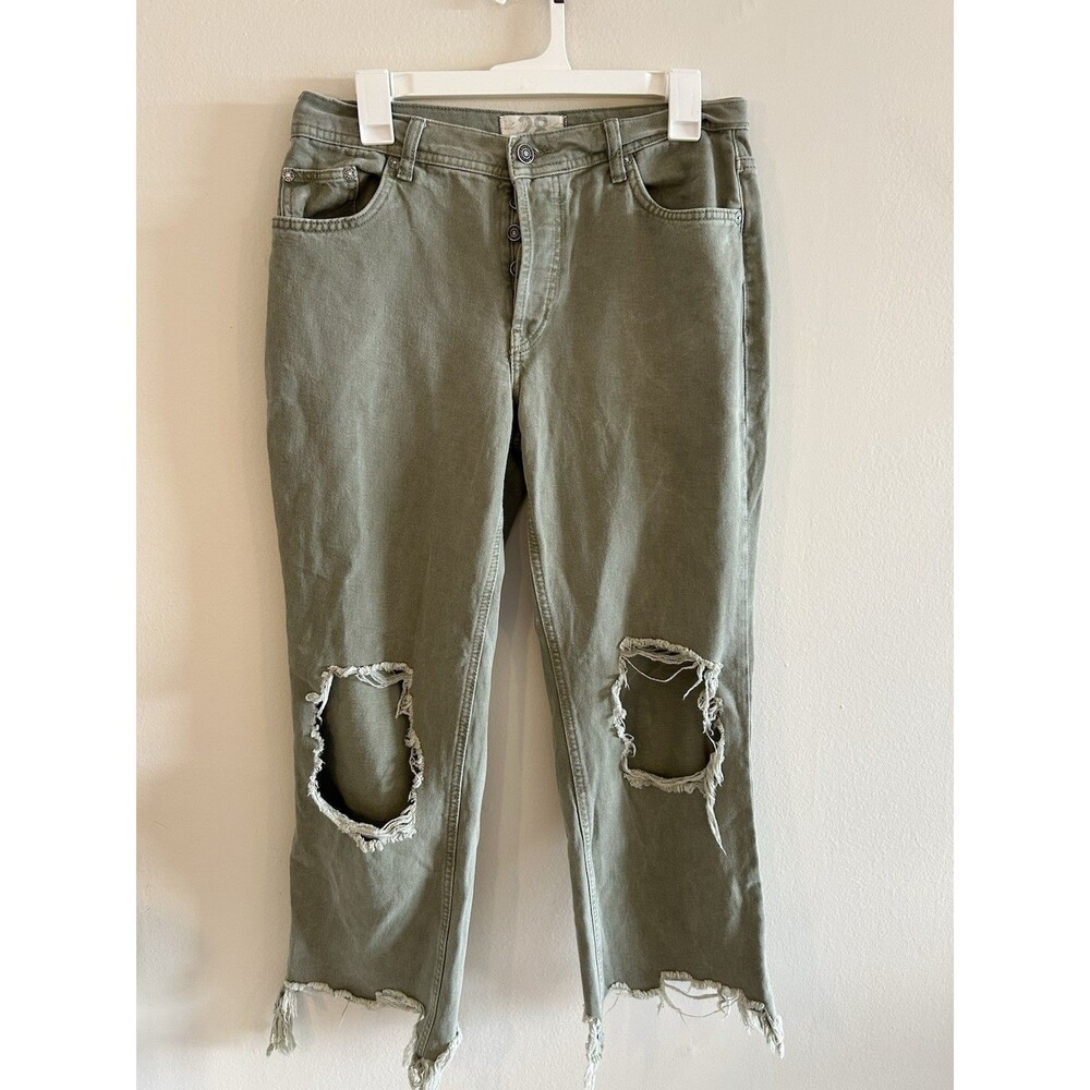 We The Free Jeans Womens Green Denim Maggie Mid Rise Straight Leg Distressed 28